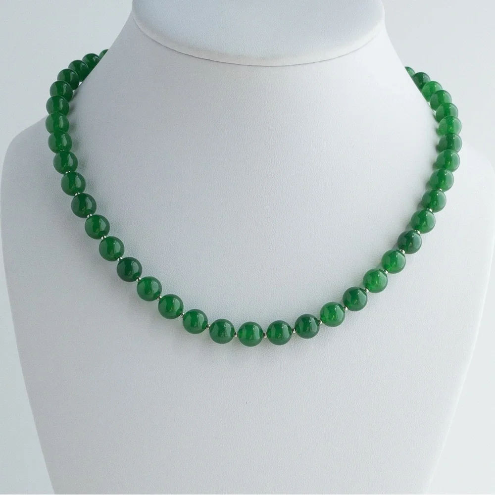 Dark Green Aventurine Beaded Necklace 925 8mm Round Natural Gemstone Beads 18” - Picture 2 of 13